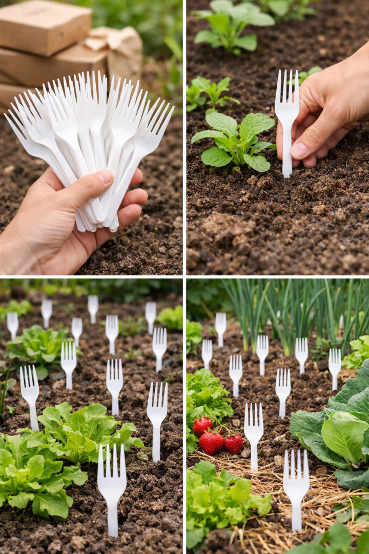 Fourchettes en plastique dans le potager, tous les jardiniers s’y mettent : la raison est ingénieuse