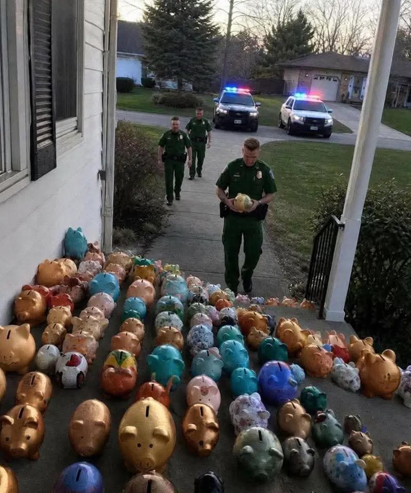 Ma 6-année-vieux fils a vidé sa tirelire pour aider nos personnes âgées voisin quand sa maison est allée sombre, mais le lendemain matin, notre cour a été couvert avec des tirelires, des voitures de patrouille ont bloqué la rue, et un officier m’a remis un rouge tirelire avec une guerre:ning: “Briser cette ouverture.”