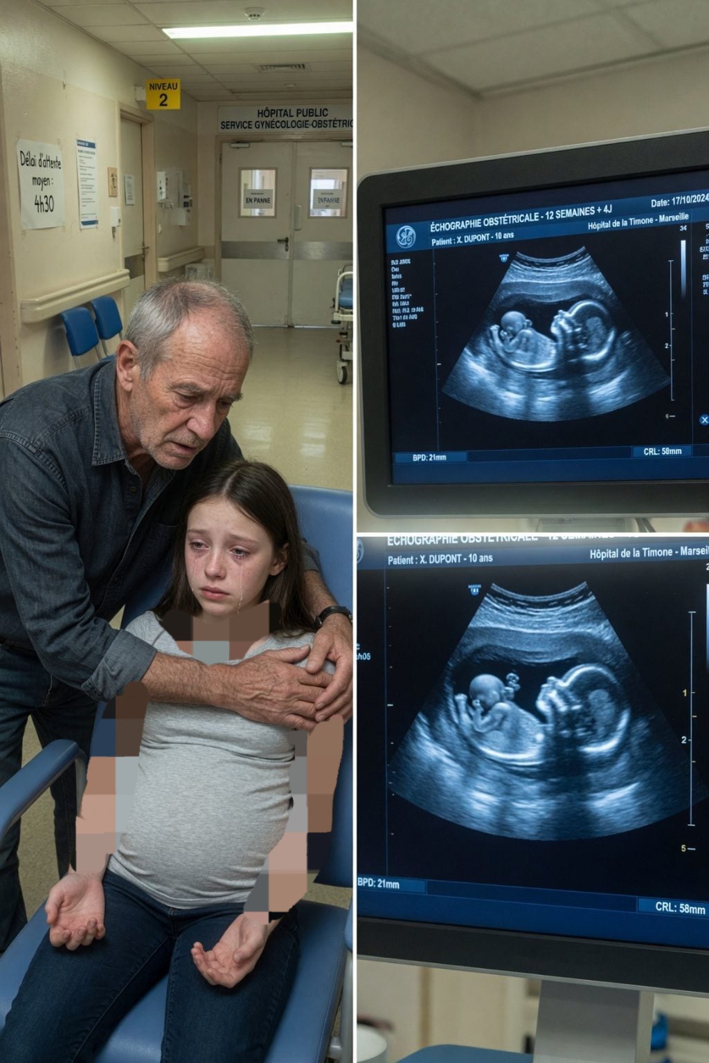 Lors d’une visite à la clinique, un médecin remarque une adolescente de 14 ans se comportant étrangement aux côtés de son père. Une échographie révèle bientôt quelque chose de profondément troublant…  L’après-midi où Laura et son père, Ernesto, entrèrent dans la clinique pédiatrique, le Dr Valeria Gómez remarqua immédiatement que quelque chose clochait. Laura, une adolescente de seize ans, marchait les épaules voûtées, évitant le regard de tout le monde. Son père, quant à lui, semblait tendu, presque aux aguets, comme s’il craignait que quelque chose ne dérape à tout moment.  — « Bonjour, qu’est-ce qui vous amène ? » demanda le médecin avec un sourire professionnel.  Ernesto répondit avant que sa fille n’ait pu ouvrir la bouche. — « Des maux de ventre. Depuis plusieurs jours maintenant. »  Laura serra ses mains l’une contre l’autre sur ses genoux. Elle ne dit rien.  Lors de l’entretien initial, le docteur posa des questions de routine : alimentation, sommeil, cycles menstruels. Chaque fois que Valeria adressait une question directement à Laura, Ernesto intervenait, répondant à sa place ou posant une main sur son épaule, un geste qui semblait plus intimidant que rassurant.  Le médecin, habituée à observer les petits détails que d’autres négligeaient, décida de prescrire une échographie abdominale. — « Juste pour écarter toute complication », dit-elle, bien que quelque chose dans son intuition commençât à sonner l’alarme.  Quand Laura s’allongea sur la table d’examen, Ernesto tenta de rester dans la pièce, mais Valeria insista gentiment pour qu’il attende dehors. — « J’aurai besoin d’espace et de concentration ; ne vous inquiétez pas, je vous appellerai dès que nous aurons terminé. »  Dès que la porte se ferma, Laura laissa échapper un soupir tremblant. — « Avez-vous très mal ? » demanda le médecin en appliquant le gel.  La jeune fille secoua la tête, mais ses yeux s’emplirent de larmes. — « Non… ce n’est pas ça. »  Le médecin déplaça la sonde sur l’abdomen, examinant chaque zone. Tout semblait normal, jusqu’à ce qu’elle observe quelque chose d’inattendu : il y avait un sac gestationnel. Laura était enceinte, probablement d’environ douze semaines.  La respiration de la jeune fille s’accéléra. Valeria posa la sonde et s’assit à côté d’elle.  — « Laura… je veux que tu saches que tu es en sécurité ici. J’ai besoin que tu me dises si tu as voulu cela, si tu es d’accord avec cette grossesse. »  L’adolescente éclata en sanglots. — « Je… je ne savais pas. Et je ne peux rien dire. Il… » — elle couvrit sa bouche de sa main. — « Je ne peux pas. »  Le cœur de Valeria s’emballa. Son esprit passa en revue tous les protocoles de protection de l’enfance. Elle devait agir avec prudence, mais vite.  — « Laura, regarde-moi », l’encouragea-t-elle doucement. « Quoi qu’il se passe, je peux t’aider. Personne n’a le droit de te faire du mal. »  La porte s’ouvrit brusquement. Ernesto passa la tête, l’expression impatiente. — « Vous avez fini ? »  Valeria se leva, cachant son inquiétude derrière une attitude professionnelle.  — « J’ai besoin de vous parler quelques minutes, Ernesto. Seul. »  Laura ferma les yeux, comme si le simple son de la voix de son père suffisait à la briser complètement.  Le médecin réalisa que ce n’était que le début… et que ce qu’elle s’apprêtait à découvrir pourrait être bien pire qu’elle ne l’imaginait.  ————————————————————————————————————————  L’après-midi où Laura et son père, Ernesto, sont entrés dans la clinique pédiatrique, le docteur Valeria Gómez a immédiatement remarqué que quelque chose n’allait pas. Laura, seize ans, marchait les épaules voûtées, évitant le regard de tout le monde. Son père, quant à lui, semblait tendu, presque aux aguets, comme s’il craignait qu’à tout moment quelque chose ne dérape.  — Bonjour, qu’est-ce qui vous amène ? demanda la médecin avec un sourire professionnel.  Ernesto répondit avant que sa fille n’ait pu ouvrir la bouche. — Des maux de ventre. Depuis plusieurs jours.  Laura serra les mains sur ses genoux. Elle ne dit rien.  Lors de l’entretien préliminaire, la médecin posa des questions de routine : alimentation, sommeil, cycles menstruels. Chaque fois que Valeria s’adressait à Laura, Ernesto intervenait, répondait à sa place ou posait une main sur son épaule, un geste qui semblait plus intimidant que rassurant.  La médecin, habituée à remarquer les petits détails que les autres négligeaient, décida de prescrire une échographie abdominale. — Juste pour écarter toute complication, dit-elle, bien que quelque chose dans son intuition commençât à l’alarmer.  Quand Laura s’allongea sur la table d’examen, Ernesto tenta de rester dans la pièce, mais Valeria insista poliment pour qu’il attende dehors. — J’aurai besoin d’espace et de concentration, dit-elle. Ne vous inquiétez pas, je vous appellerai dès que nous aurons terminé.  Dès que la porte se referma, Laura laissa échapper un soupir tremblant. — Avez-vous très mal ? demanda la médecin en appliquant le gel.  La jeune fille secoua la tête, mais ses yeux s’emplirent de larmes. — Non… ce n’est pas ça.  La médecin déplaça la sonde sur l’abdomen de Laura, examinant chaque zone. Tout semblait normal, jusqu’à ce qu’elle remarque quelque chose d’inattendu : un sac gestationnel. Laura était enceinte, probablement d’environ douze semaines.  La respiration de la jeune fille s’accéléra. Valeria baissa la sonde et s’assit à côté d’elle.  — Laura… je veux que vous sachiez que vous êtes en sécurité ici. J’ai besoin que vous me disiez si vous avez voulu cette grossesse, si vous êtes d’accord avec elle.  L’adolescente éclata en sanglots. — Je… je ne savais pas. Et je ne peux rien dire. Il… Elle se couvrit la bouche avec la main. Je ne peux pas.  Le cœur de Valeria s’emballa. Son esprit passa en revue tous les protocoles de protection de l’enfance. Il fallait agir avec prudence, mais rapidement.  — Laura, regardez-moi, dit-elle doucement. Quoi qu’il se passe, je peux vous aider. Personne n’a le droit de vous faire du mal.  La porte s’ouvrit brusquement. Ernesto passa la tête, impatient. — Vous avez fini ?  Valeria se redressa, cachant son inquiétude derrière une attitude professionnelle.  — J’ai besoin de vous parler quelques minutes, Ernesto. Seul à seul.  Laura ferma les yeux, comme si le simple son de la voix de son père suffisait à la briser complètement.  La médecin comprit que ce n’était que le début… et que ce qu’elle s’apprêtait à découvrir pourrait être bien pire qu’elle ne l’imaginait.  La médecin conduisit Ernesto dans une petite pièce attenante, loin de la table d’examen où Laura tentait de calmer ses pleurs. Elle referma la porte avec soin, sans se presser. Son ton était ferme, mais mesuré.  — J’ai trouvé quelque chose à l’échographie, commença-t-elle. Laura est enceinte.  Pendant un instant, Ernesto ne montra aucune réaction. Ni surprise, ni inquiétude, ni colère. Juste un lent clignement des yeux. — Je vois, répondit-il, trop calmement.  Un frisson parcourut Valeria. Ce n’était pas la réaction naturelle d’un père venant de recevoir une telle nouvelle.  — J’ai besoin de poser quelques questions à votre fille sans surveillance, poursuivit-elle. C’est une obligation médicale et légale. Et je dois prévenir les services sociaux. C’est le protocole.  Le visage d’Ernesto se durcit. — Il n’y a pas besoin d’impliquer qui que ce soit. Je vais m’en occuper.  Le ton était dangereux. Contrôlé, mais menaçant. Pourtant, Valeria ne se laissa pas intimider. — C’est obligatoire, répéta-t-elle. Et j’ai déjà demandé à quelqu’un de venir. Je vous demande d’attendre à l’accueil.  L’homme serra la mâchoire, mais finit par sortir. La médecin attendit quelques secondes et retourna auprès de Laura.  L’adolescente était recroquevillée sur la table d’examen, respirant par courtes saccades. — Laura, dit Valeria doucement, j’ai besoin que vous me disiez la vérité. Savez-vous qui est le père ?  La jeune fille mit plusieurs secondes à répondre. Enfin, elle secoua la tête.