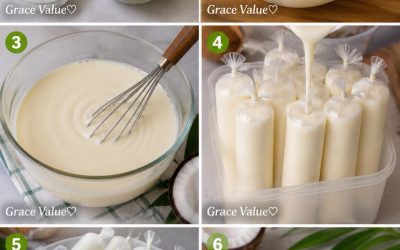 Bonbon glacé à la noix de coco  Marque : 12–15 bâtonnets de bonbons à glace  Ingrédients  * 2 tasses jeune chair de coco, déchiquetée * 2 tasses de lait de coco * 1 boîte (397 g) de lait concentré sucré * 2 tasses d’eau de coco * 1 ⁄2 tasse de sucre granulé (ajuster au goût)