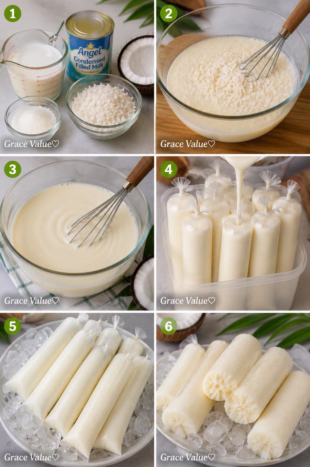 Bonbon glacé à la noix de coco  Marque : 12–15 bâtonnets de bonbons à glace  Ingrédients  * 2 tasses jeune chair de coco, déchiquetée * 2 tasses de lait de coco * 1 boîte (397 g) de lait concentré sucré * 2 tasses d’eau de coco * 1 ⁄2 tasse de sucre granulé (ajuster au goût)